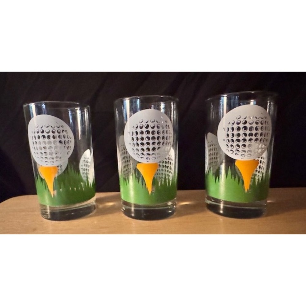 Vintage Libbey Golf Ball on Tee Glasses Set of 3 Green Orange Graphic Barware